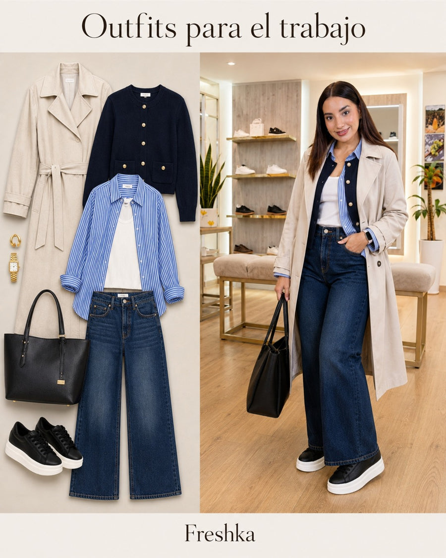 Look con tenis Oreo: gabardina beige, camisa azul y jeans oscuros.
