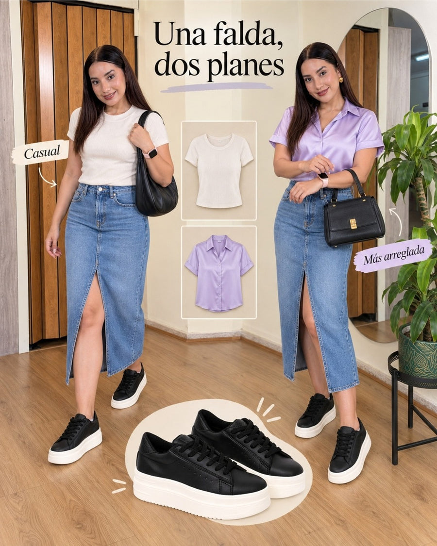 Look con tenis Oreo: falda midi denim con top blanco o blusa lila.