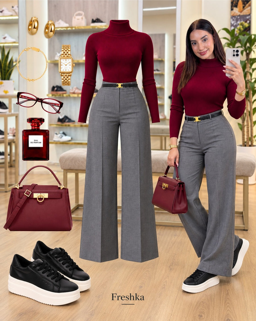 Look con tenis Oreo: tejido vino y pantalón gris.