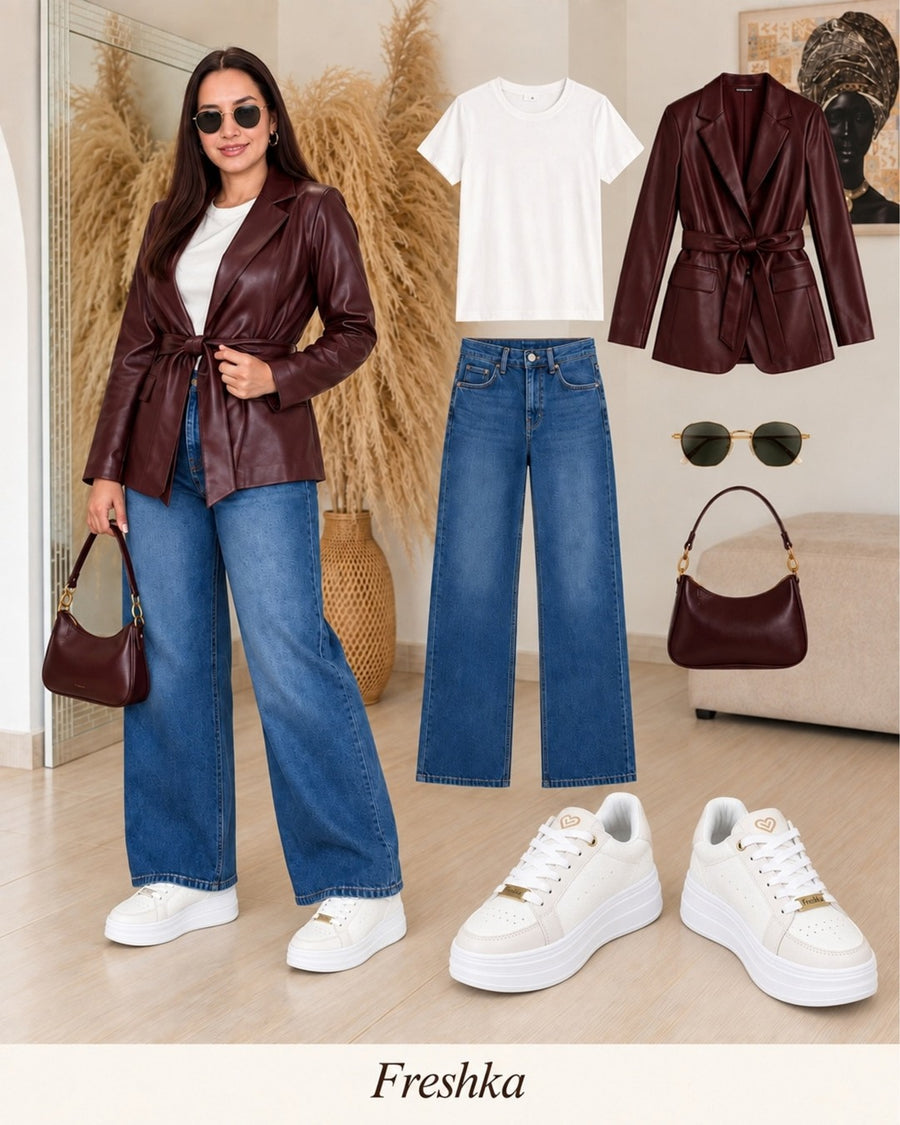 Look con tenis Perla: chaqueta de cuero vino y jeans.