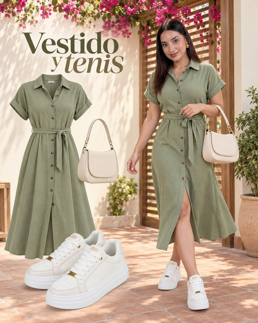 Look con tenis Perla: vestido midi verde salvia.