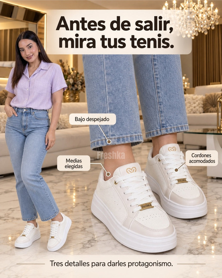 Look con tenis Perla: blusa lila y jeans claros.