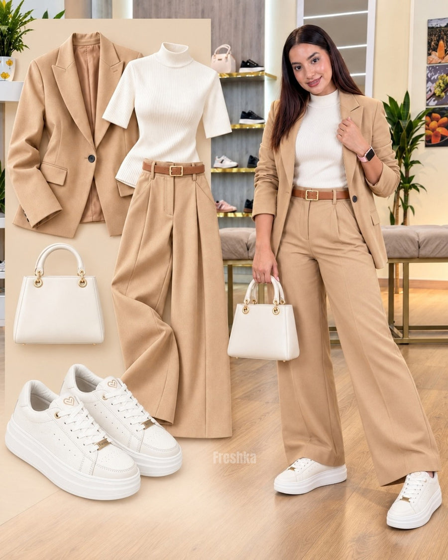 Look con tenis Perla: blazer y pantalón camel con camiseta blanca.