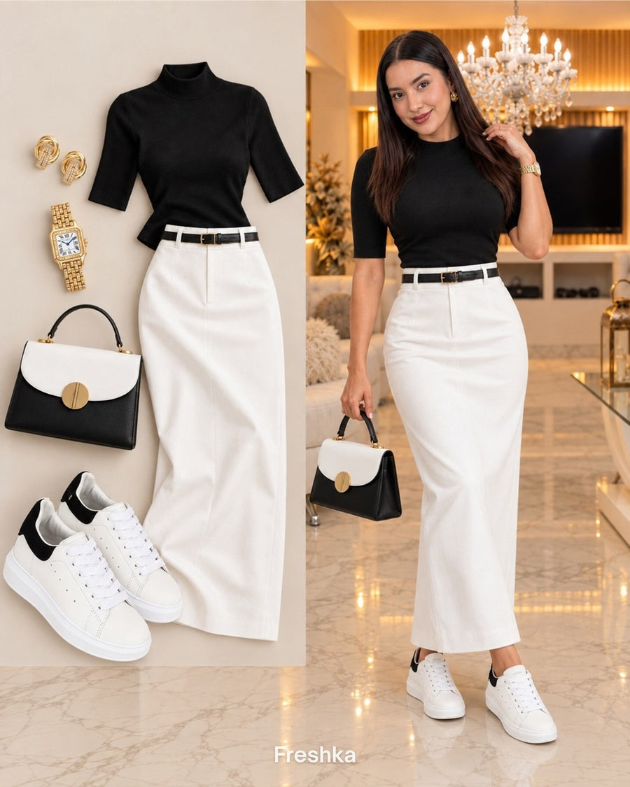 Look con tenis Queen blanco con negro: top negro y falda midi blanca.