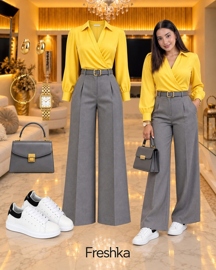 Look con tenis Queen blanco con negro: blusa amarilla cruzada y pantalón gris.