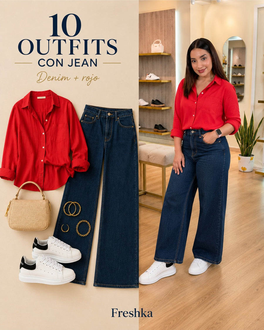 Look con tenis Queen blanco con negro: blusa roja y jeans anchos oscuros.
