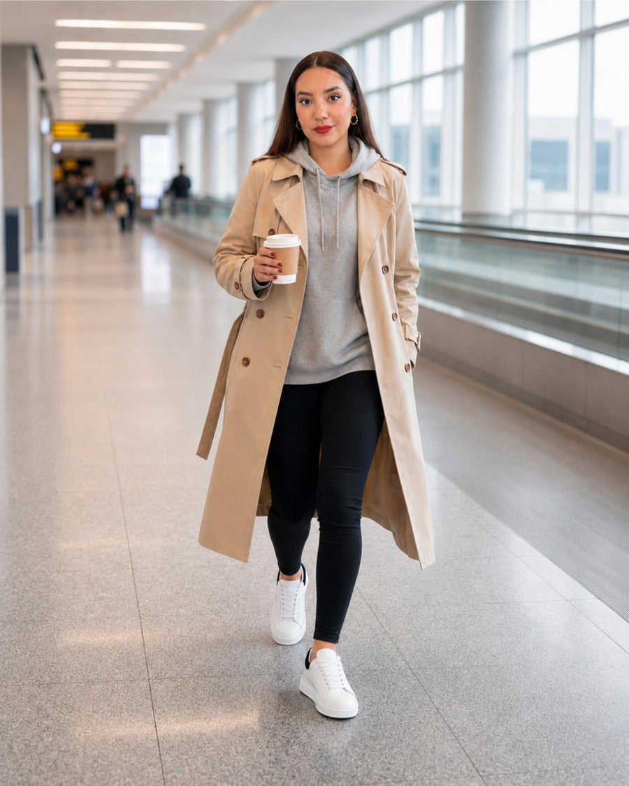 Look con tenis Queen blanco con negro: gabardina beige, sudadera gris y leggings negros en aeropuerto.
