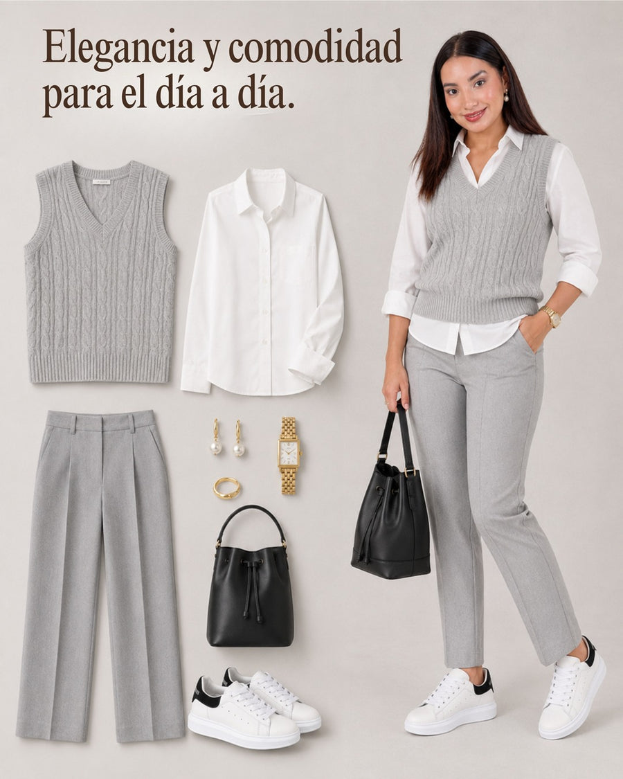 Look con tenis Queen blanco con negro: chaleco gris sobre camisa blanca y pantalón gris.