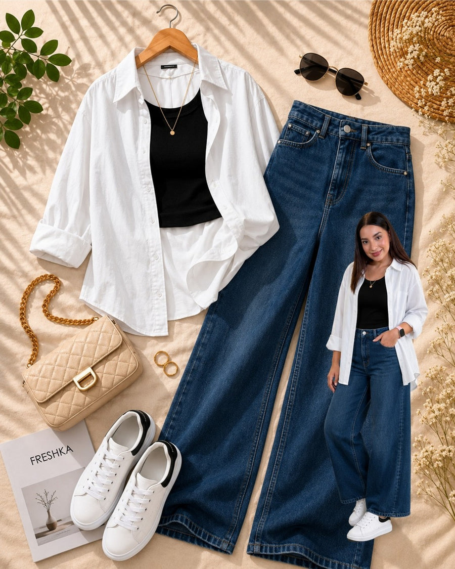 Look con tenis Queen blanco con negro: camisa blanca sobre top negro y jeans anchos.