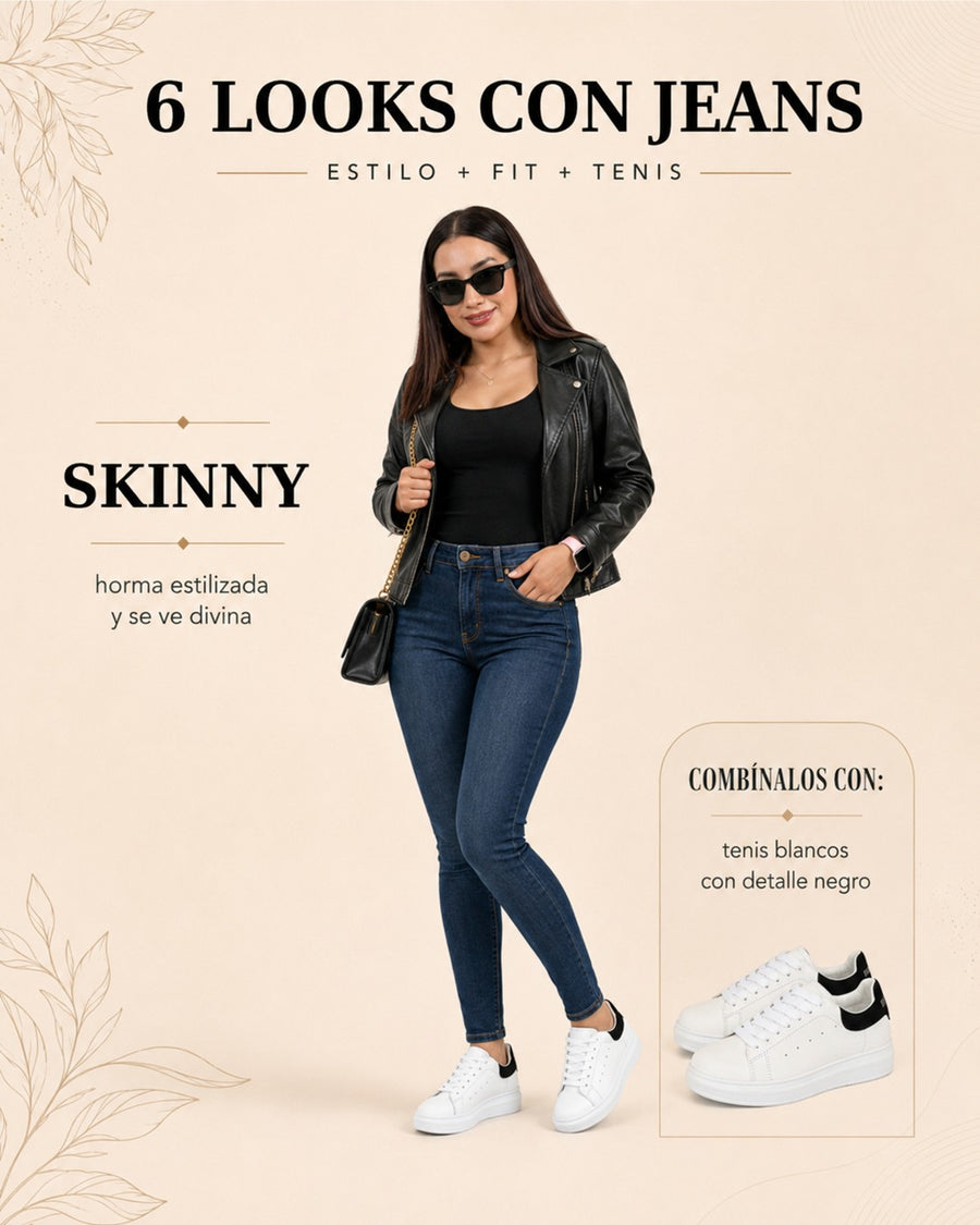 Look con tenis Queen blanco con negro: chaqueta de cuero y jeans skinny.