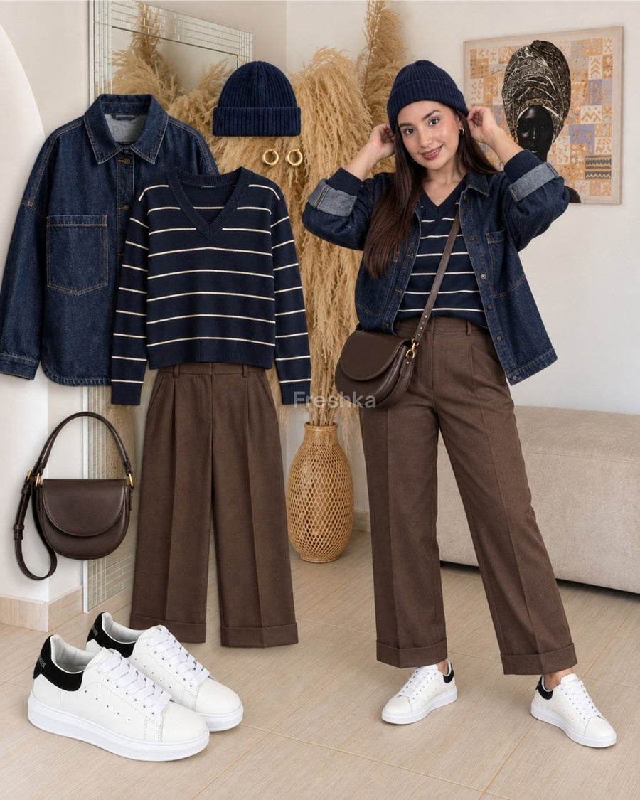 Look con tenis Queen blanco con negro: chaqueta denim oscura, top rayado y pantalón café.