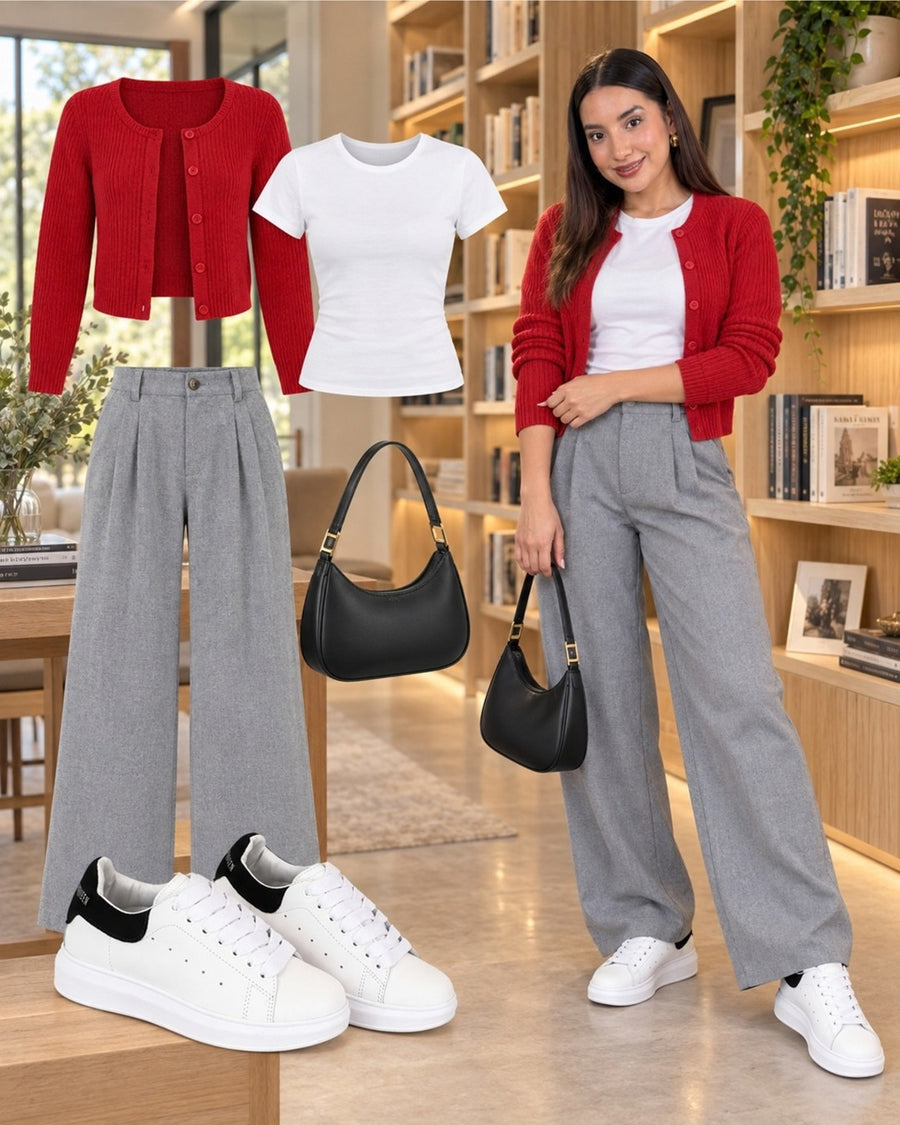 Look con tenis Queen blanco con negro: cárdigan rojo y pantalón gris.