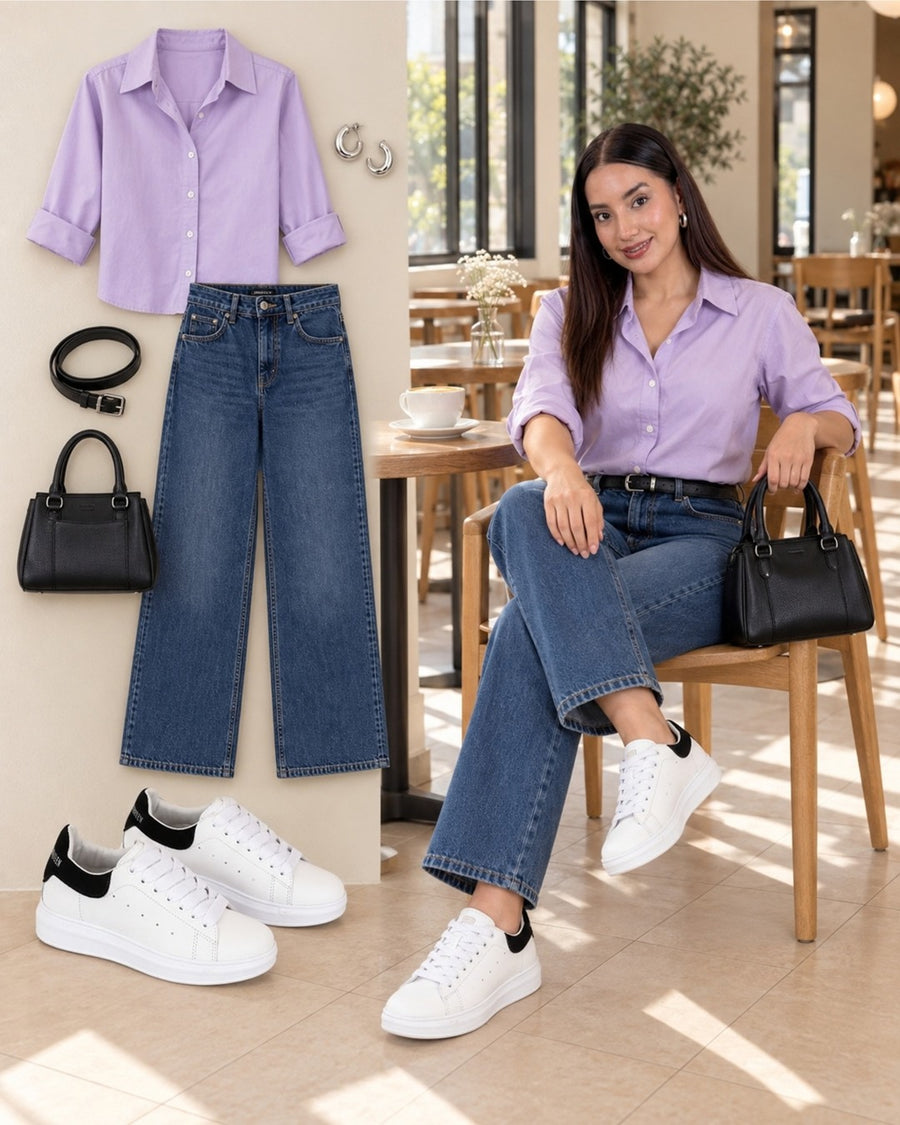 Look con tenis Queen blanco con negro: blusa lila y jeans, sentada.