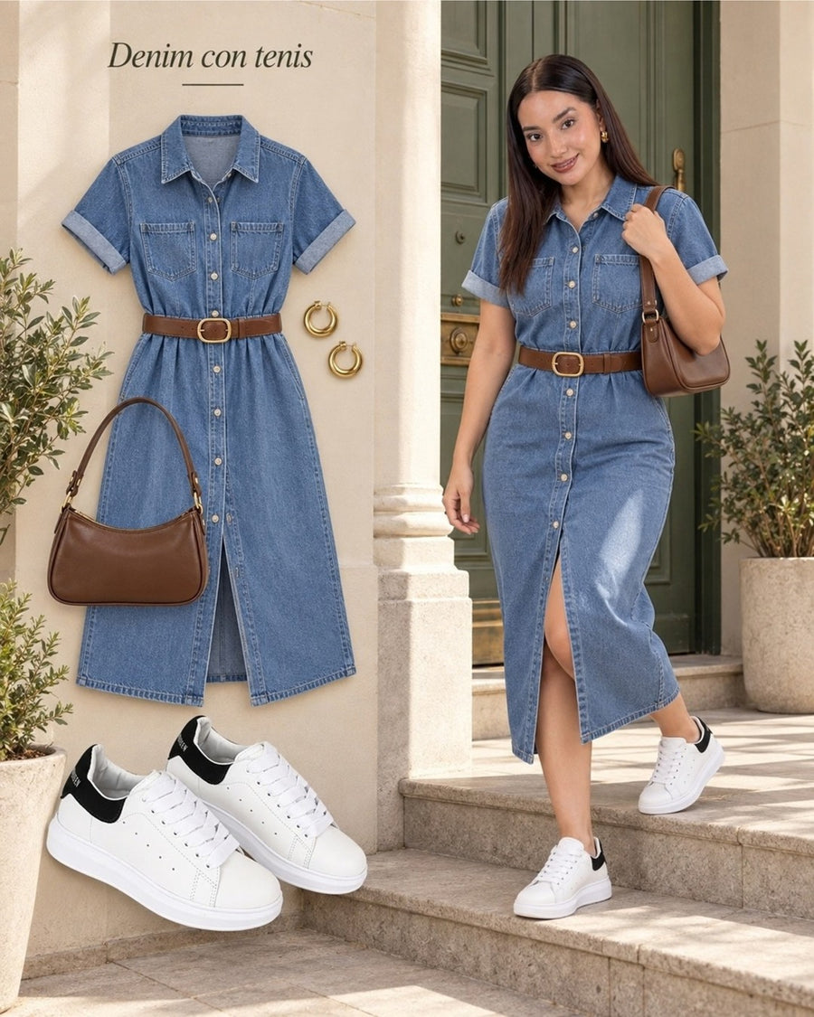 Look con tenis Queen blanco con negro: vestido midi denim.