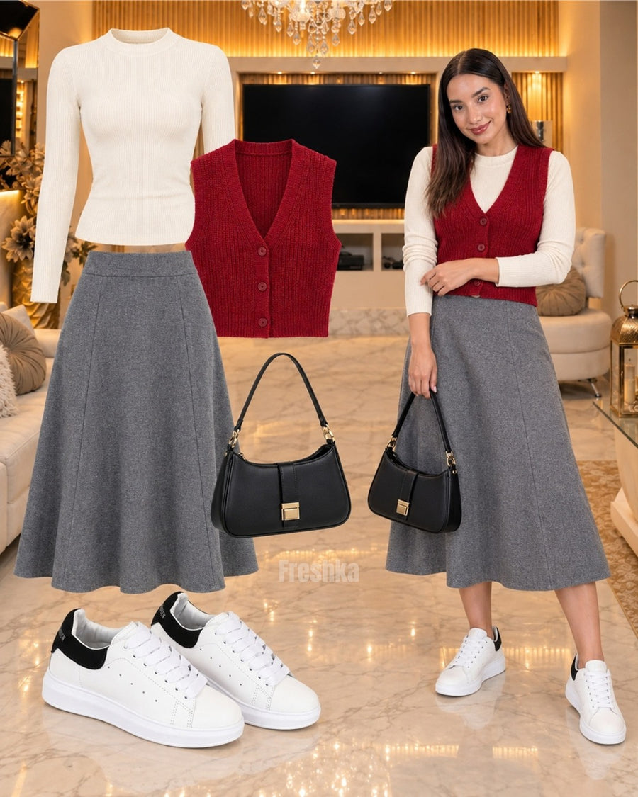Look con tenis Queen blanco con negro: chaleco rojo y falda midi gris.