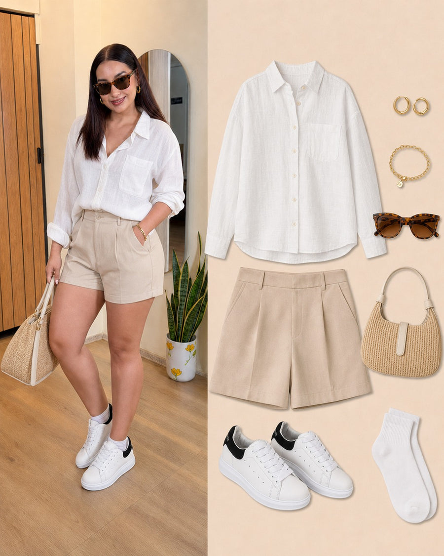 Look con tenis Queen blanco con negro: camisa blanca y shorts beige.