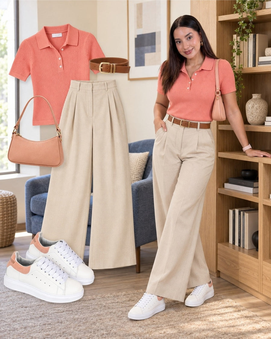 Look con tenis Queen rosa: polo coral y pantalón beige.