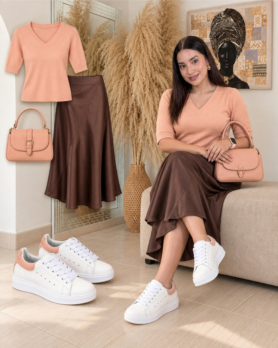 Look con tenis Queen rosa: camiseta durazno y falda midi satinada café, sentada.