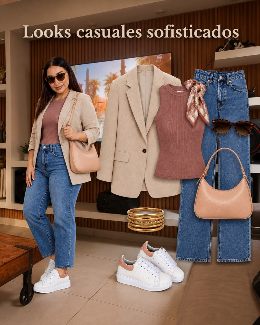 Look con tenis Queen rosa: blazer beige y top rosa con jeans.