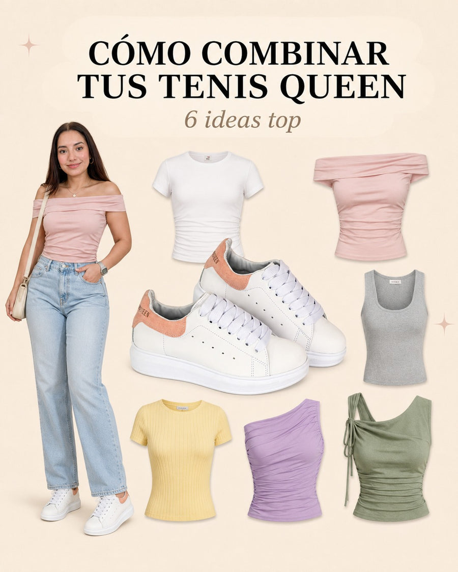 Look con tenis Queen rosa: top rosa drapeado y jeans claros con seis ideas de tops.