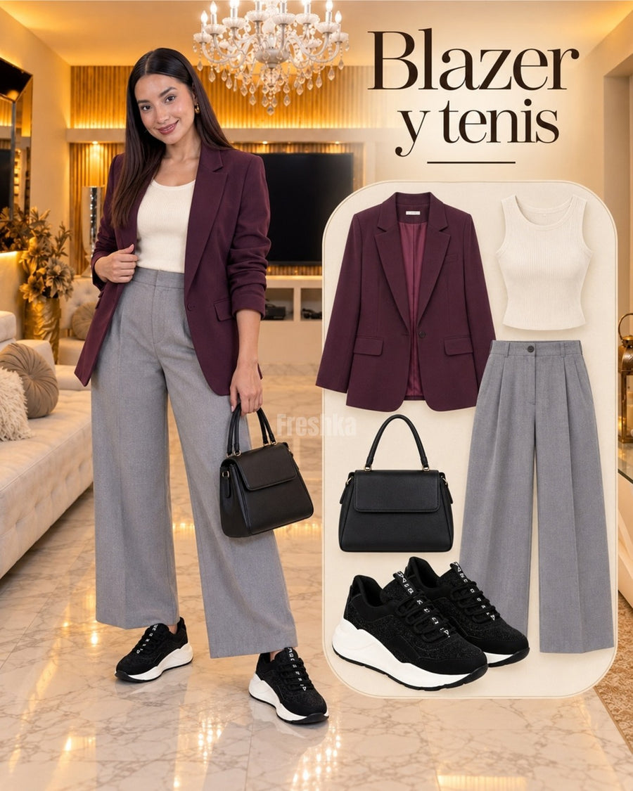 Look con tenis Sahara: blazer vino, top crema y pantalón gris.