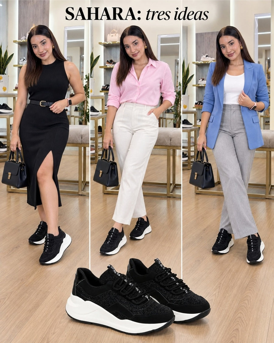 Look con tenis Sahara: vestido negro, pantalón blanco y traje azul; tres ideas.