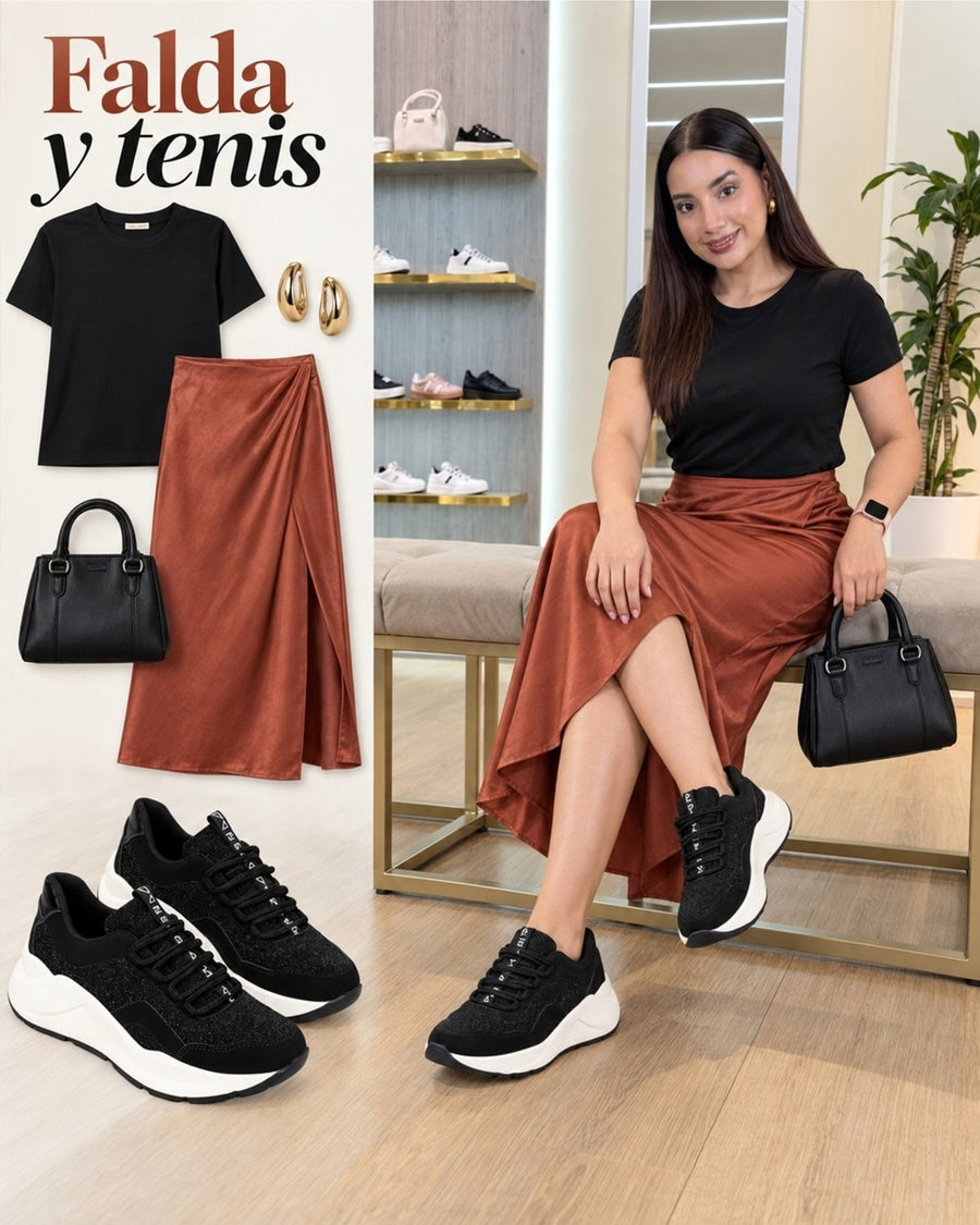 Look con tenis Sahara: falda midi terracota y camiseta negra.