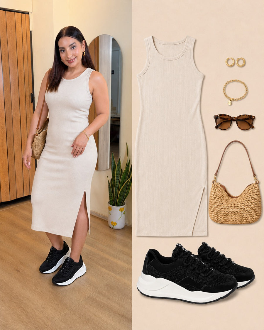 Look con tenis Sahara: vestido midi beige sin mangas.