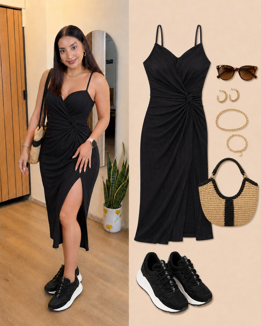 Look con tenis Sahara: vestido largo negro fruncido con abertura.
