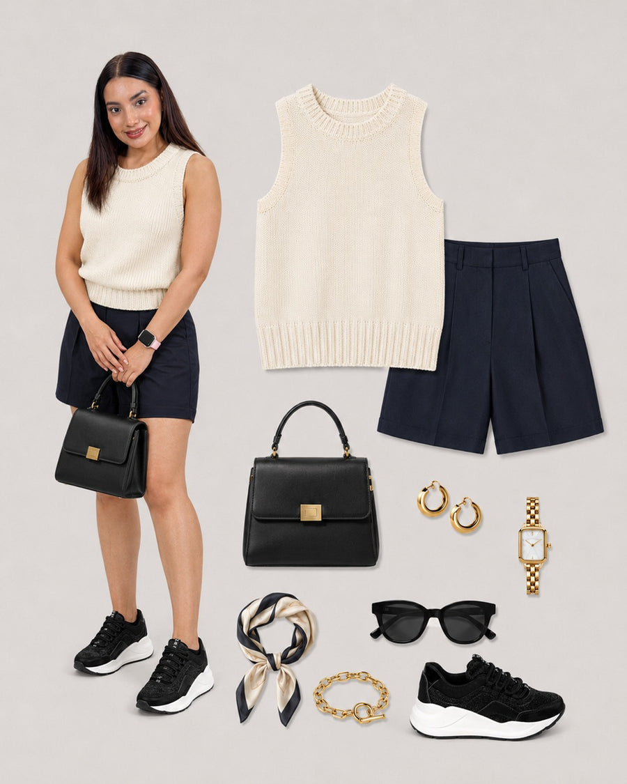 Look con tenis Sahara: tejido crema sin mangas y shorts azul marino.
