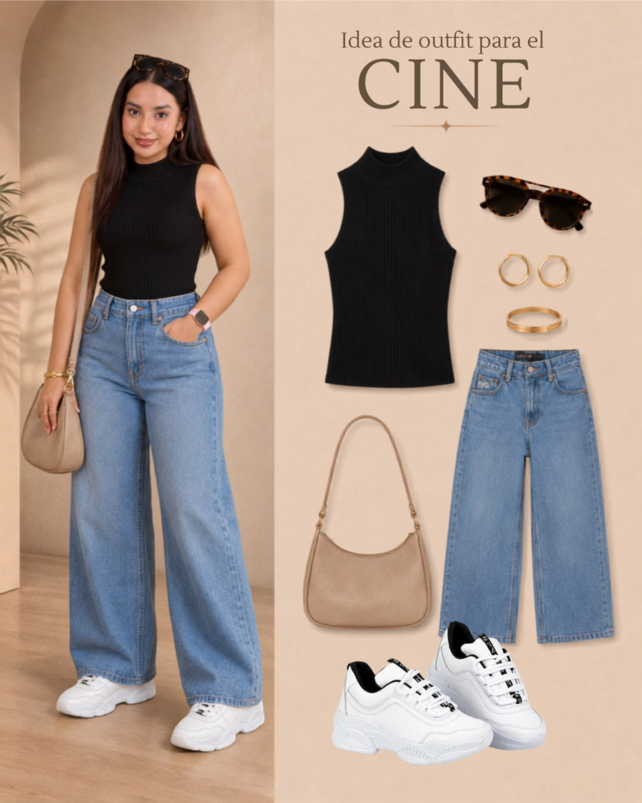 Look con tenis Sport Blanco: camiseta sin mangas negra y jeans; cine.