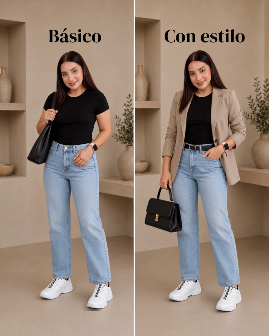 Look con tenis Sport Blanco: camiseta negra con jeans claros y blazer beige.