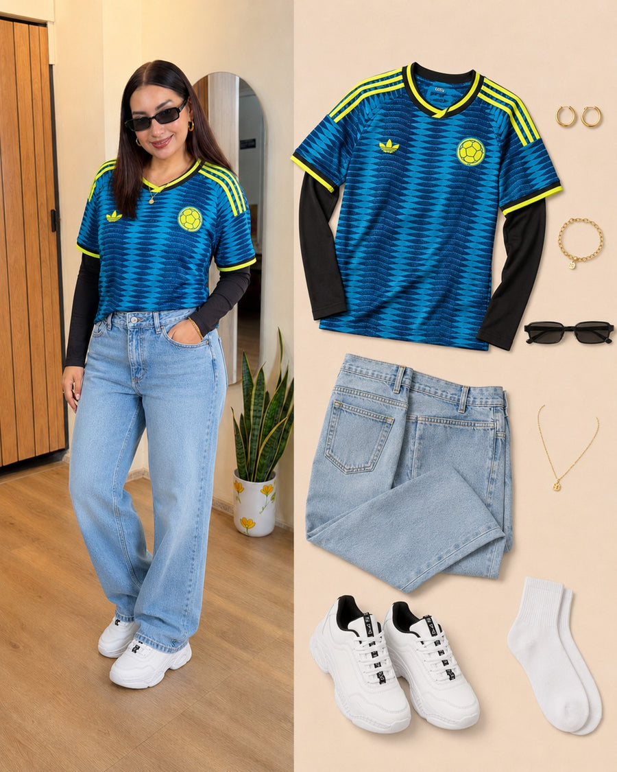 Look con tenis Sport Blanco: camiseta de Colombia azul y jeans.