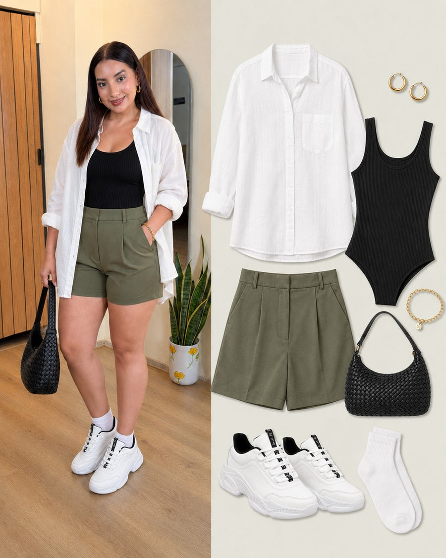 Look con tenis Sport Blanco: camisa blanca, top negro y shorts verdes.