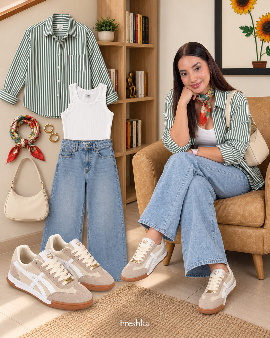 Tenis Lux Beige con jeans anchos, top blanco y camisa verde de rayas en un look sentado.