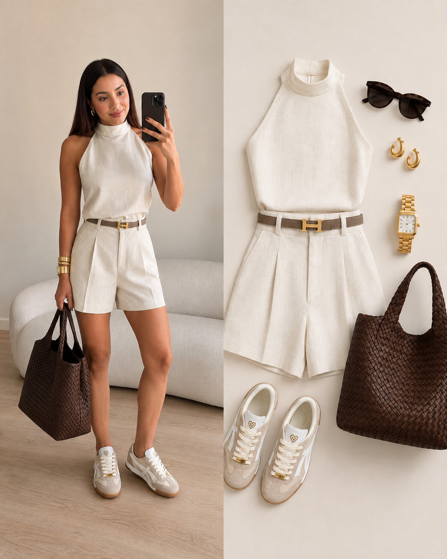 Tenis Lux Beige combinados con top blanco sin mangas, shorts blancos y bolso café.