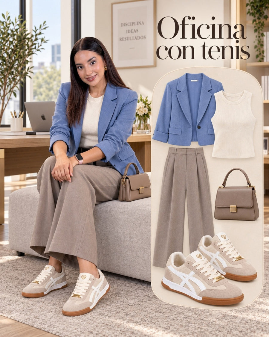 Tenis Lux Beige con blazer celeste, camiseta blanca y pantalón gris en un look de oficina.
