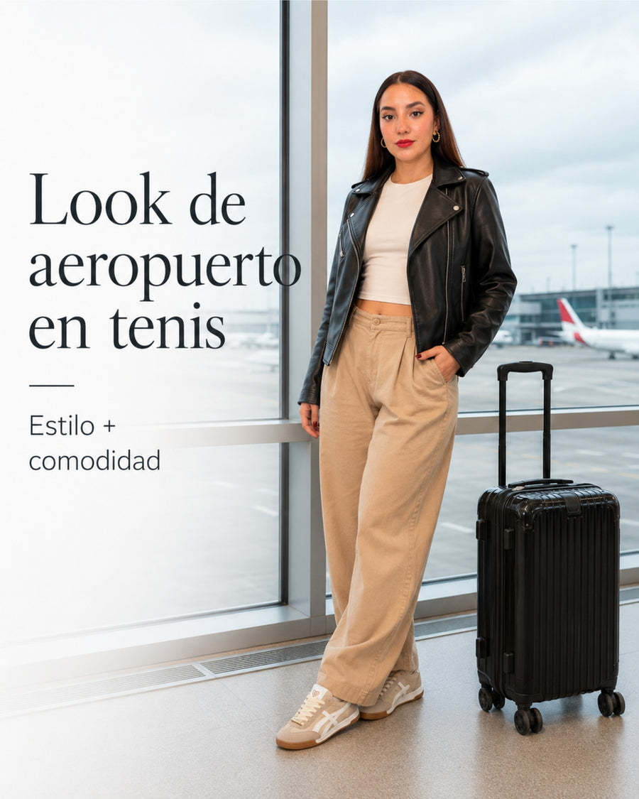 Look de aeropuerto con tenis Lux Beige, chaqueta negra, top crema y pantalón camel.