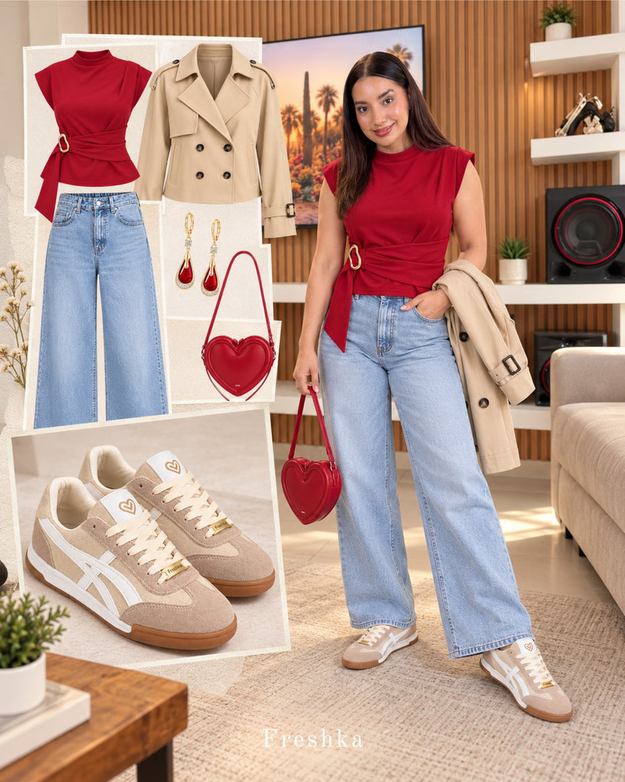 Tenis Lux Beige con blusa roja, jeans claros y chaqueta camel en la mano.