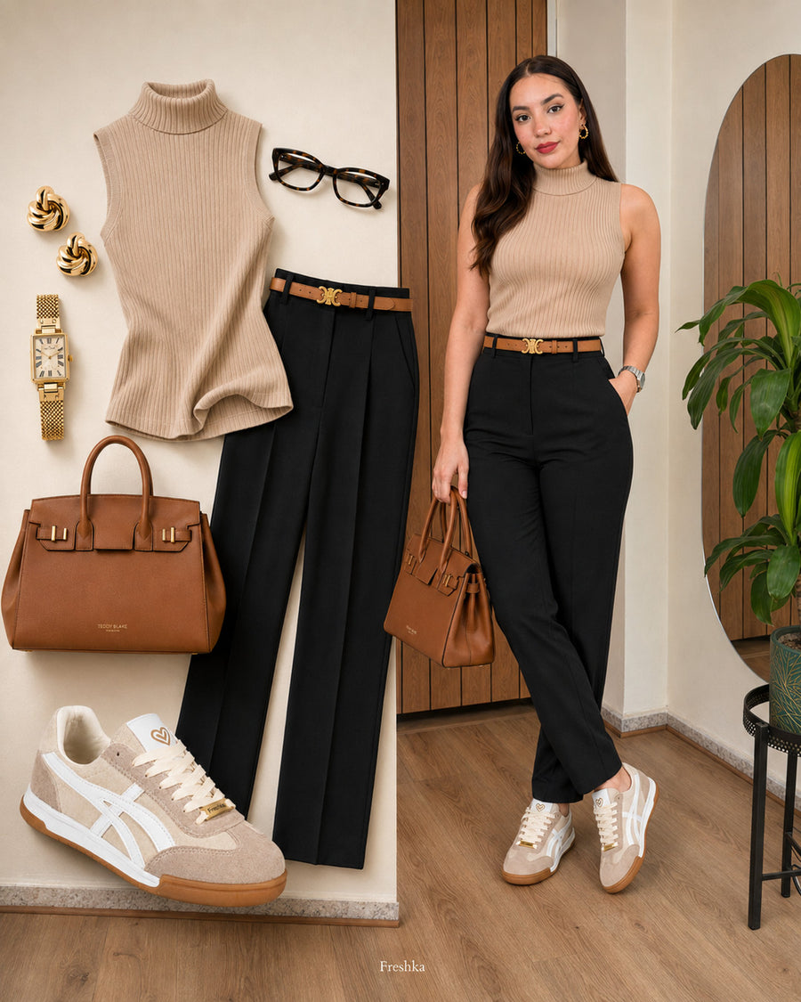 Tenis Lux Beige con top beige sin mangas y pantalón negro de vestir.