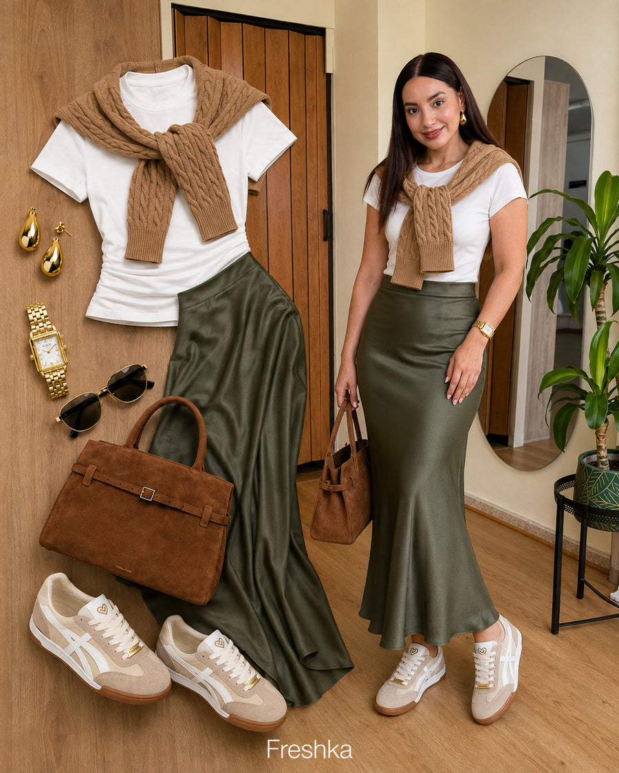 Tenis Lux Beige con falda satinada oliva, camiseta blanca y jersey camel sobre los hombros.