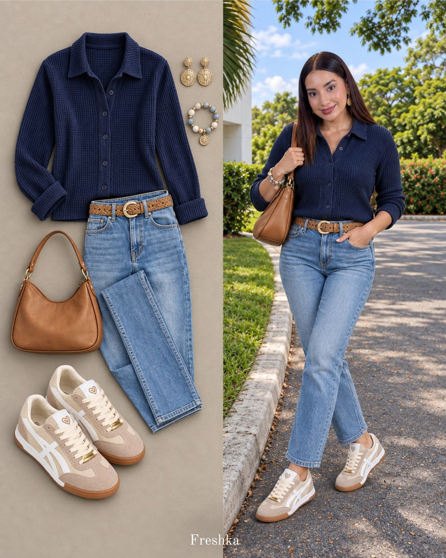 Tenis Lux Beige con camisa azul marino y jeans en un paseo al aire libre.