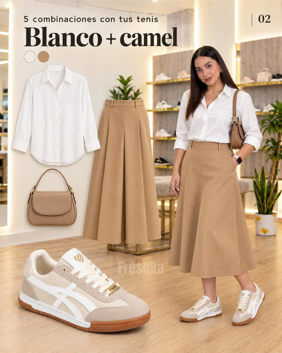 Tenis Lux Beige con camisa blanca y falda midi camel.