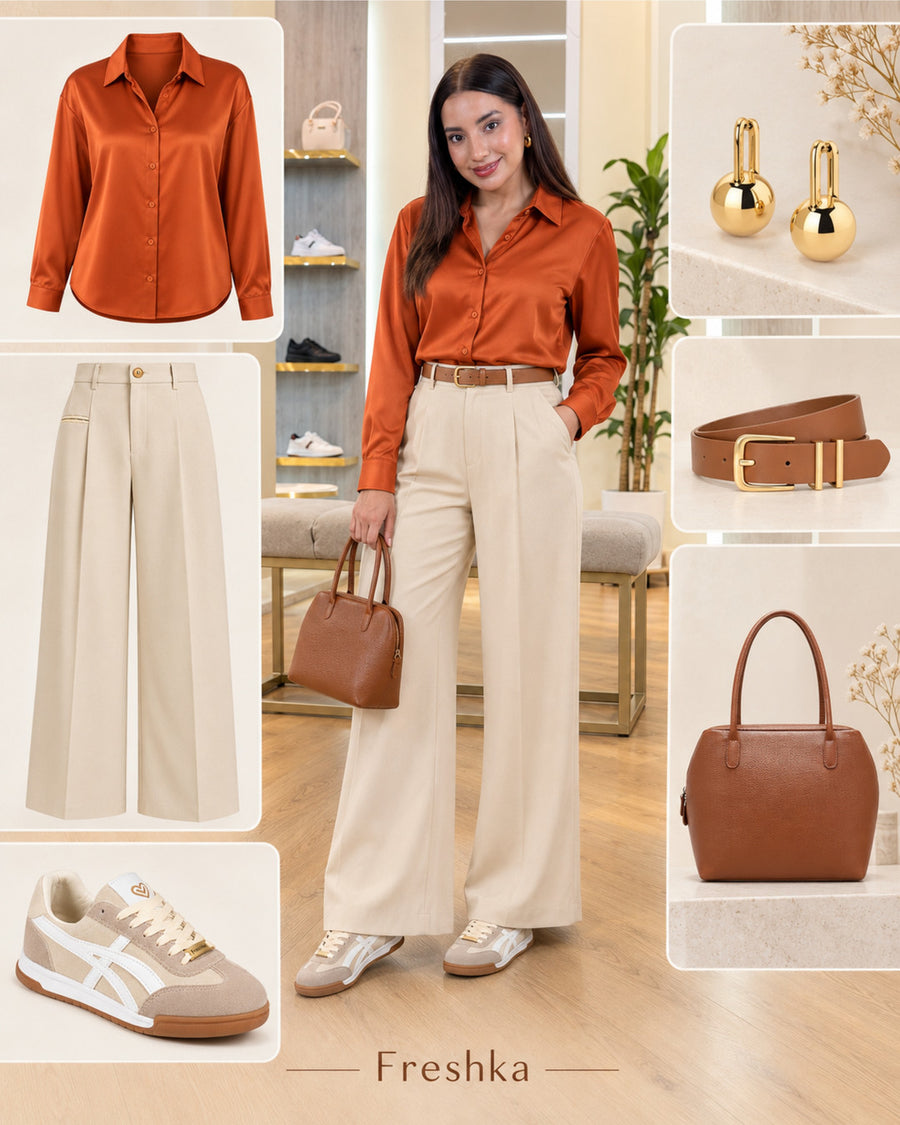 Tenis Lux Beige con camisa terracota, pantalón palazzo marfil y bolso café.