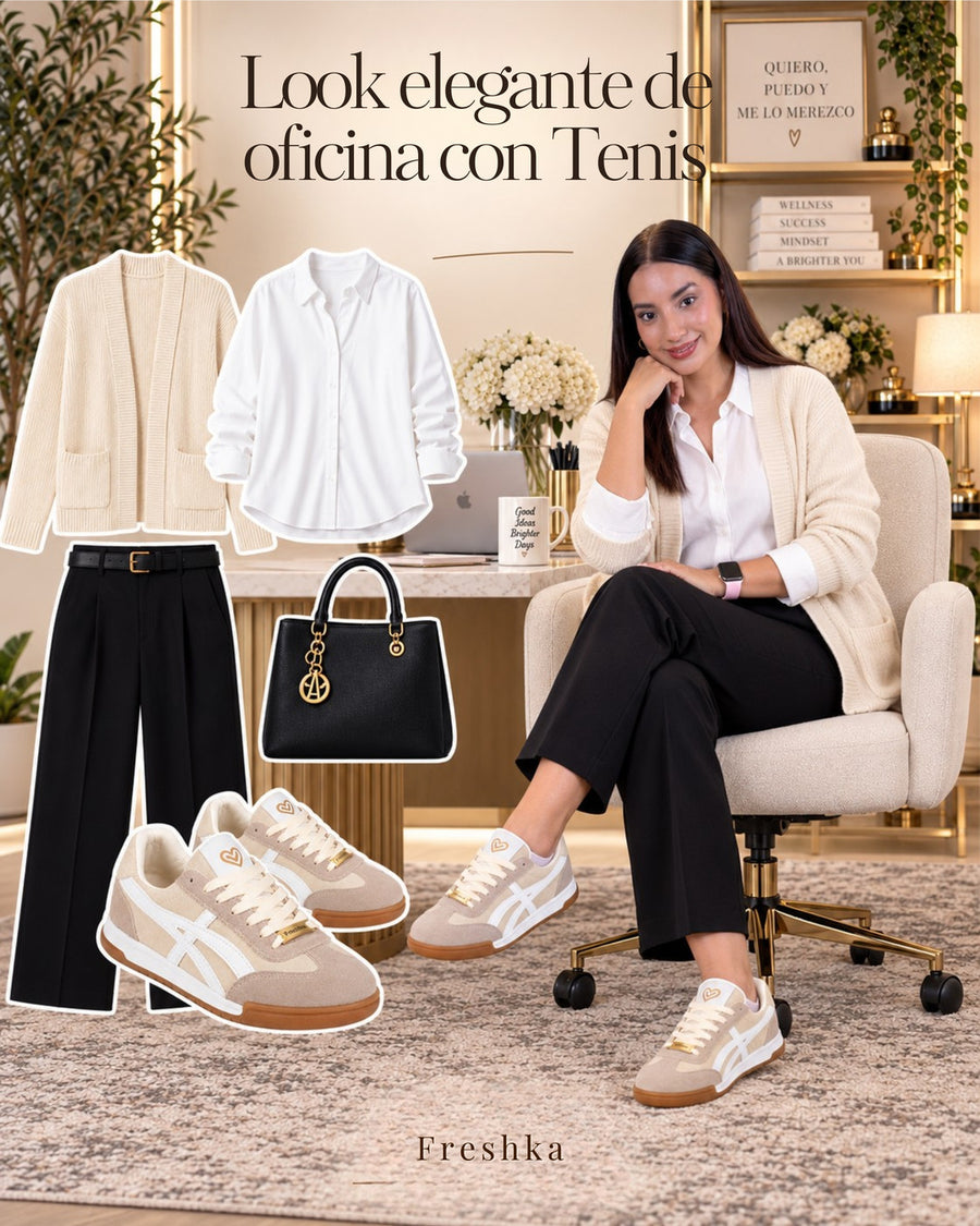 Look de oficina con tenis Lux Beige, camisa blanca, cárdigan crema y pantalón negro.