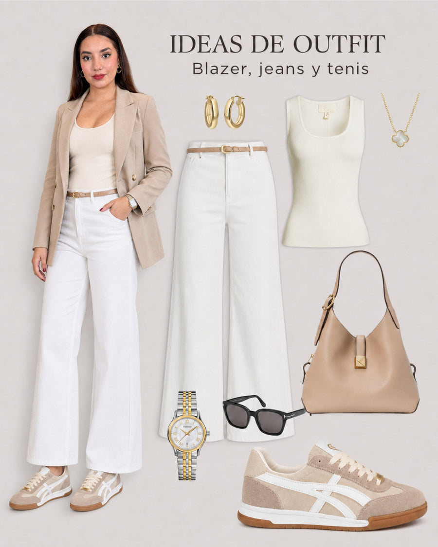 Tenis Lux Beige con blazer beige, top blanco y pantalón blanco de pierna ancha.