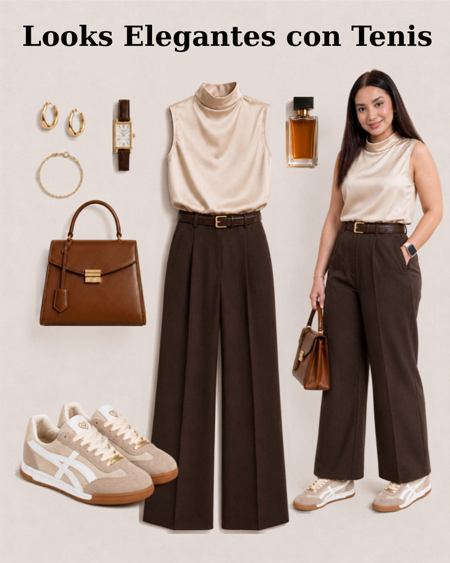 Tenis Lux Beige con blusa marfil drapeada y pantalón amplio chocolate.