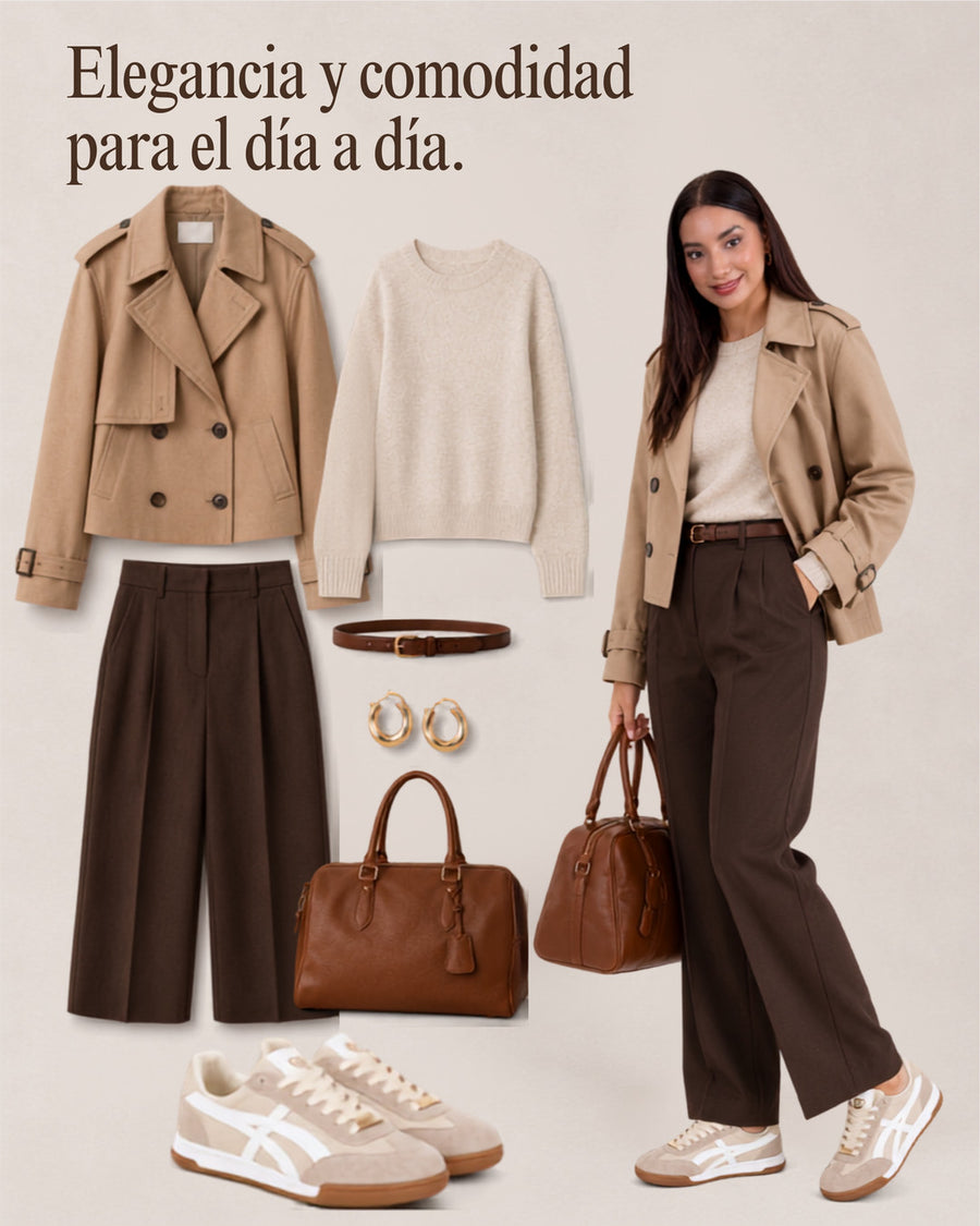 Tenis Lux Beige con trench corto camel, suéter crema y pantalón café.