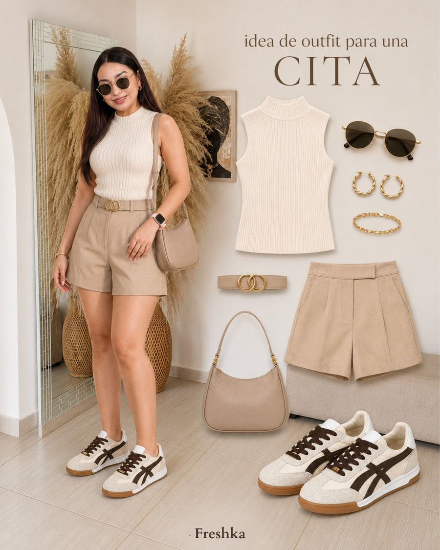 Look para una cita con tenis Lux Chocolate, top tejido crema y shorts beige.