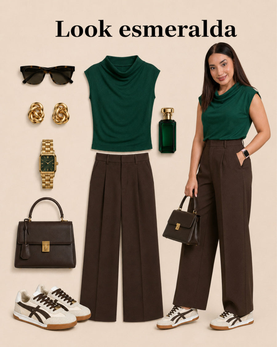 Collage de tenis Lux Chocolate con top verde esmeralda y pantalón chocolate de pierna ancha.